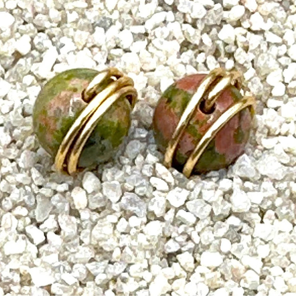 Unakite halo spheres stud earrings/ grounding stone for Scorpio - Picture 1 of 6